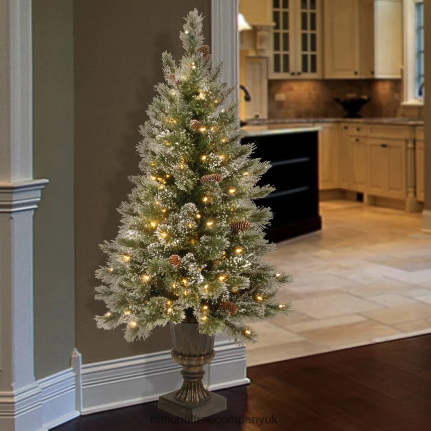 Trees | National Tree Company Pre-Lit Artificial Entrance Christmas Tree Green Glittery Bristle Pine White LED Lights Flocked with Pine Cones Frosted Branches Includes Decorative Urn Base 5 Fee